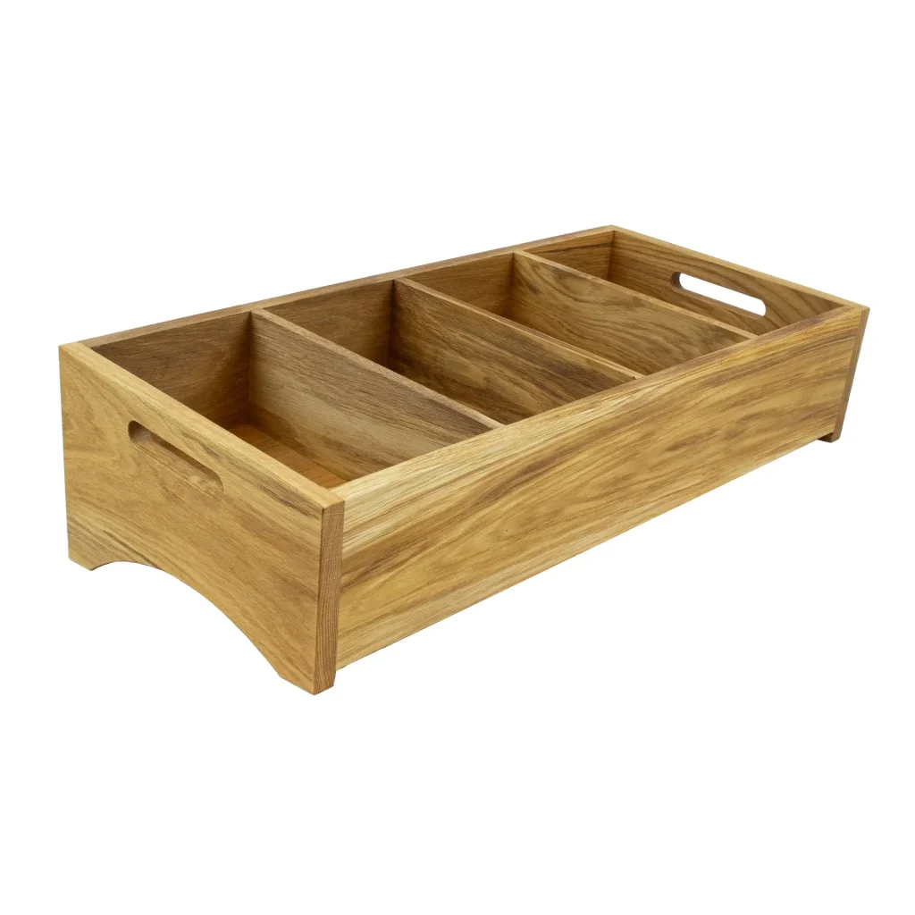 Besticklåda tiltad 4-fack ek 59x28cm